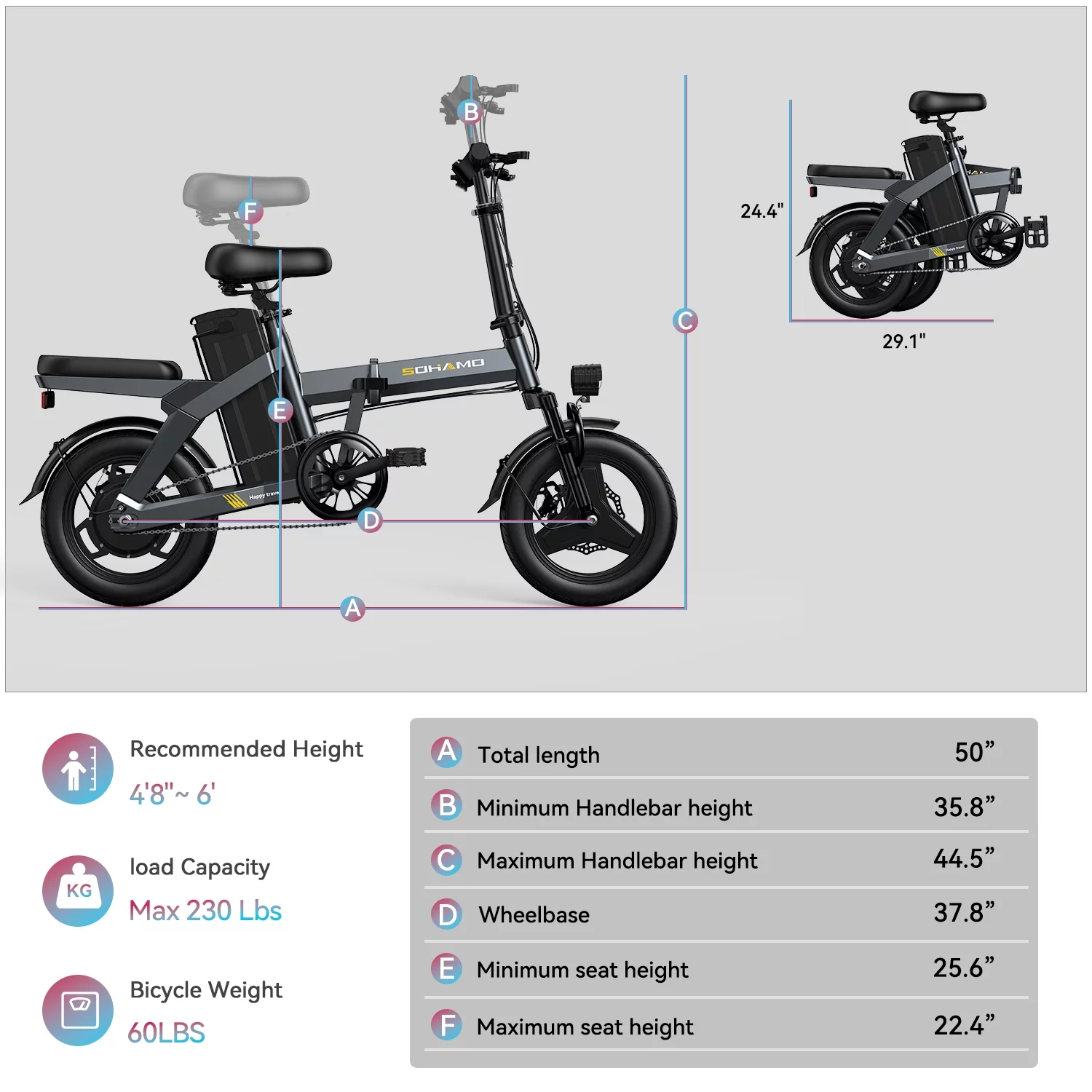 SOHAMO Electric Bike 400W Folding Ebike,48V 12Ah Removable Battery Electric Foldable Pedal Assist E Bike,19.9MPH Mini Bicycle for Teenager and Adults