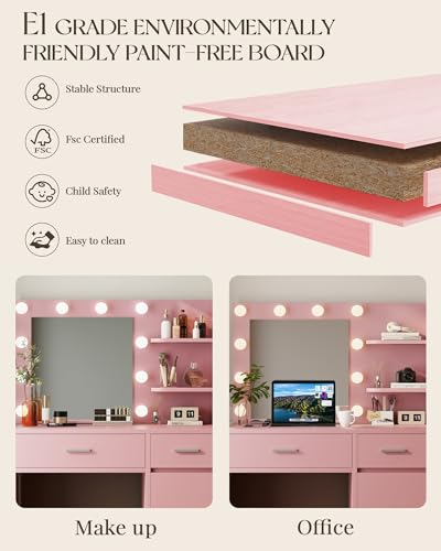 Vanity Desk with Mirror and Lights, Makeup Vanity with Drawer & Storage Shelves, Cabinet, 3 Lighting Modes Adjustable Brightness