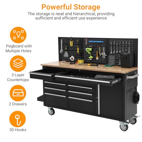 61inch Rolling Tool Chest, Garage Workbench Storage Tool Cabinet 10 with Drawers, Solid Rubber Wood Top with Power Strip, LBS Load Mobile Workstation