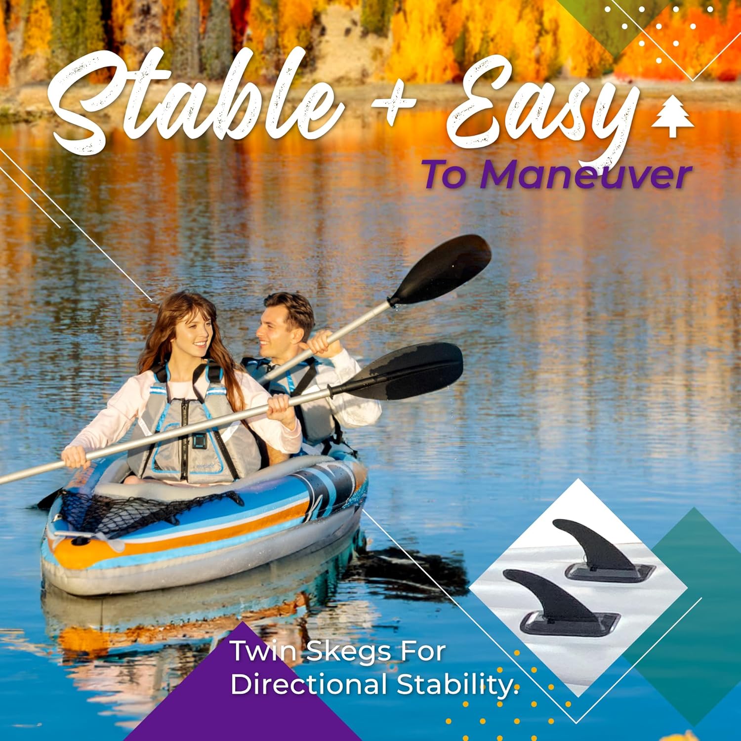 Sunlite Sports 2-Person Inflatable Kayak with Aluminum Oars (136" x 33"), High Output Air Pump and Storage Bag, Double Tandem Kayak for Adults
