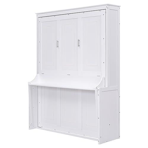 Queen Size Murphy Bed with Foldable Shelf/Desk, Wall Bed cabinet with Storage Shelves, Solid Pine Wood Murphy Bed Frame with Desk for Bedroom