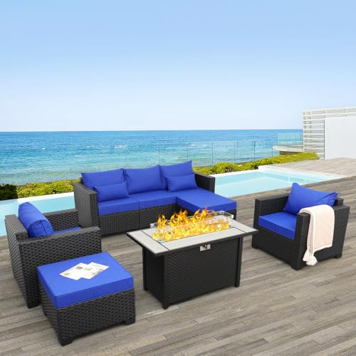 Rattaner Patio Wicker Furniture Set 6 Pieces Outdoor HDPE Wicker Conversation Couch Sectional Chair Sofa Set with Grey Cushions