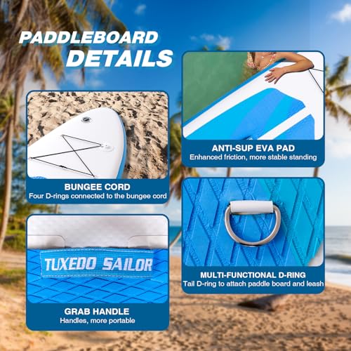 Tuxedo Sailor Inflatable Stand Up Paddle Board with Complete Accessories for Surfing and Traveling