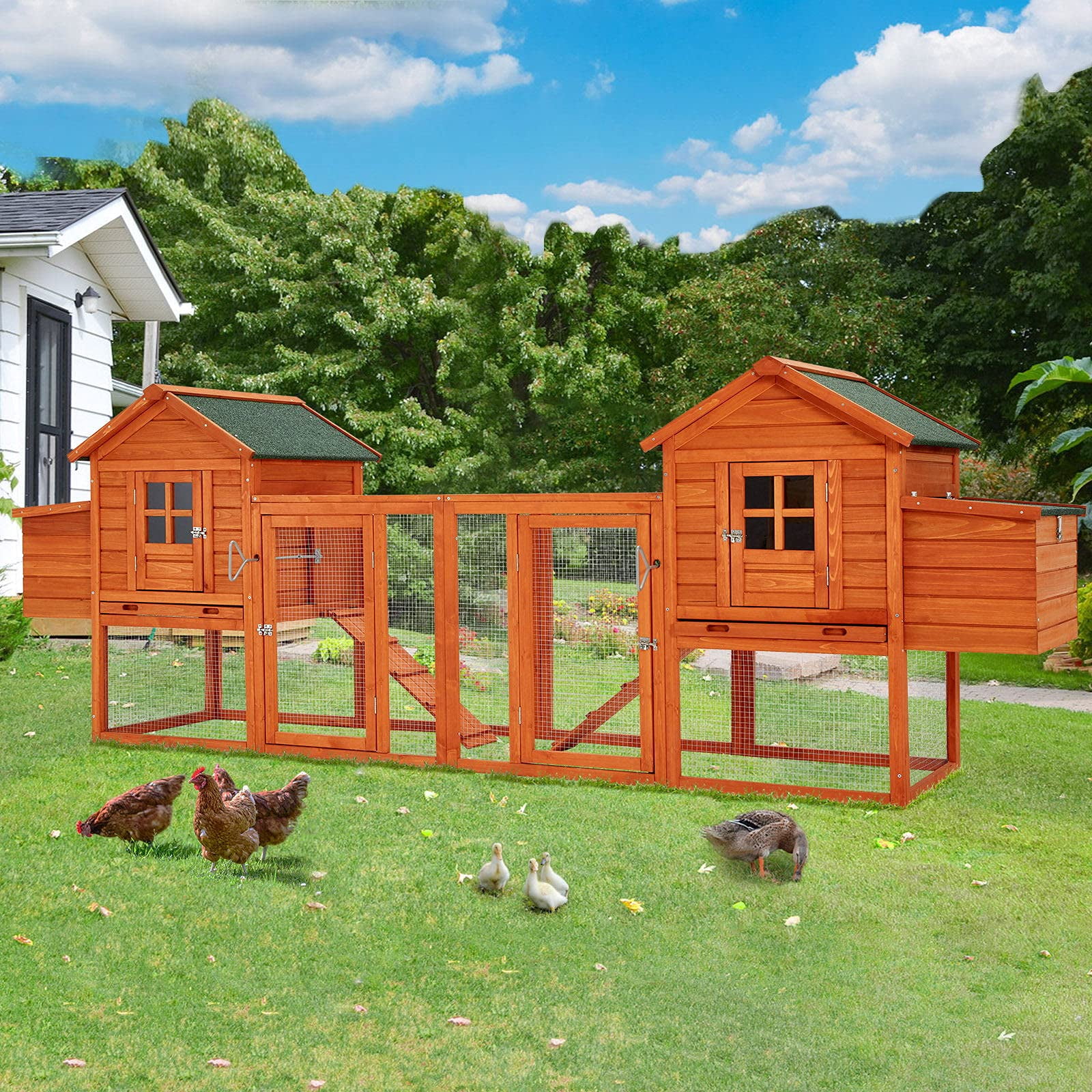 YODOLLA 144” Large Wooden Chicken Coop, Outdoor Hens House with Ramps and Nesting Boxes,Brown - Curated Treasures Market
