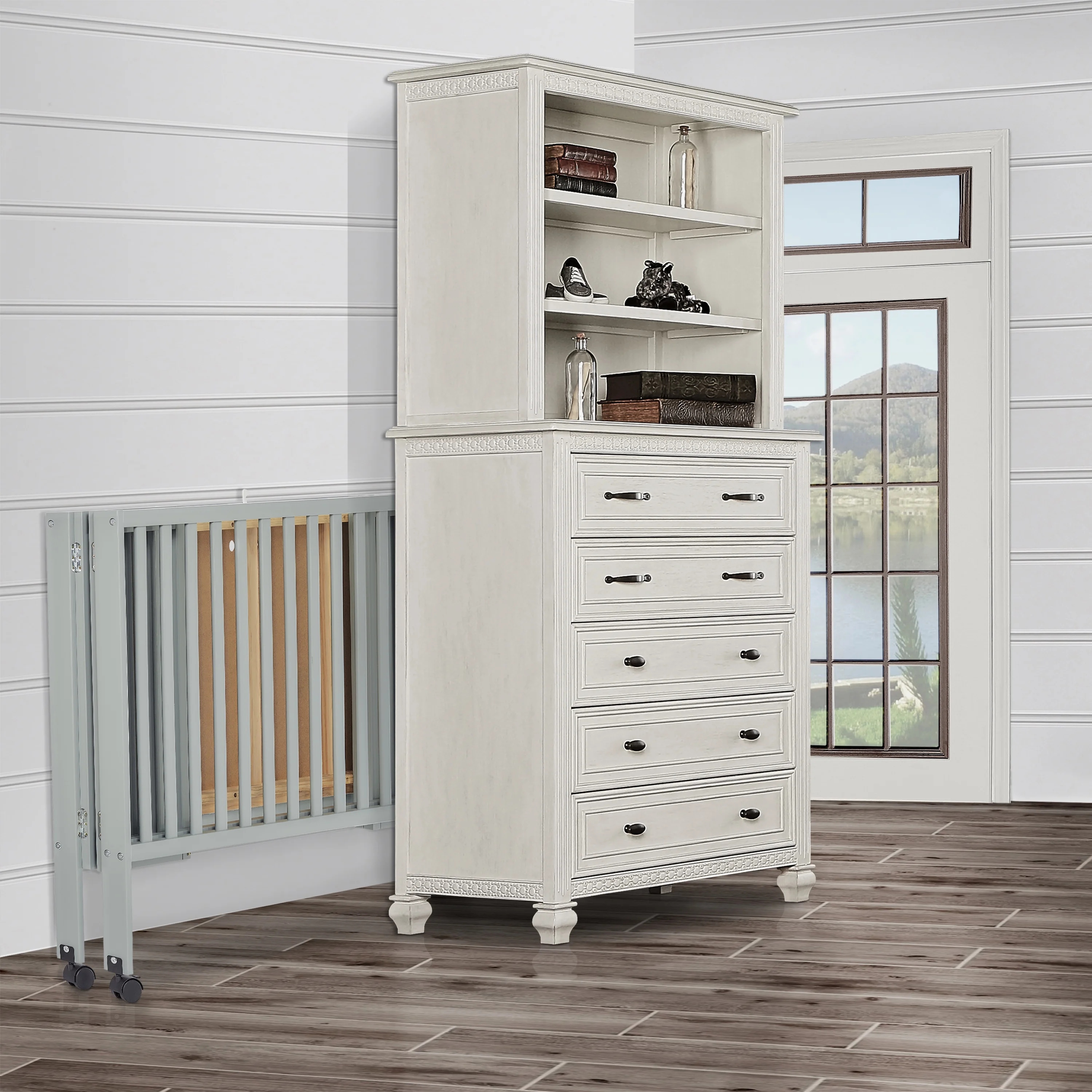 Dream On Me Quinn Full-Size Folding Crib in Cool Grey, Removeable Wheels, Modern Nursey, Adjustable Mattress Support, Portable Crib