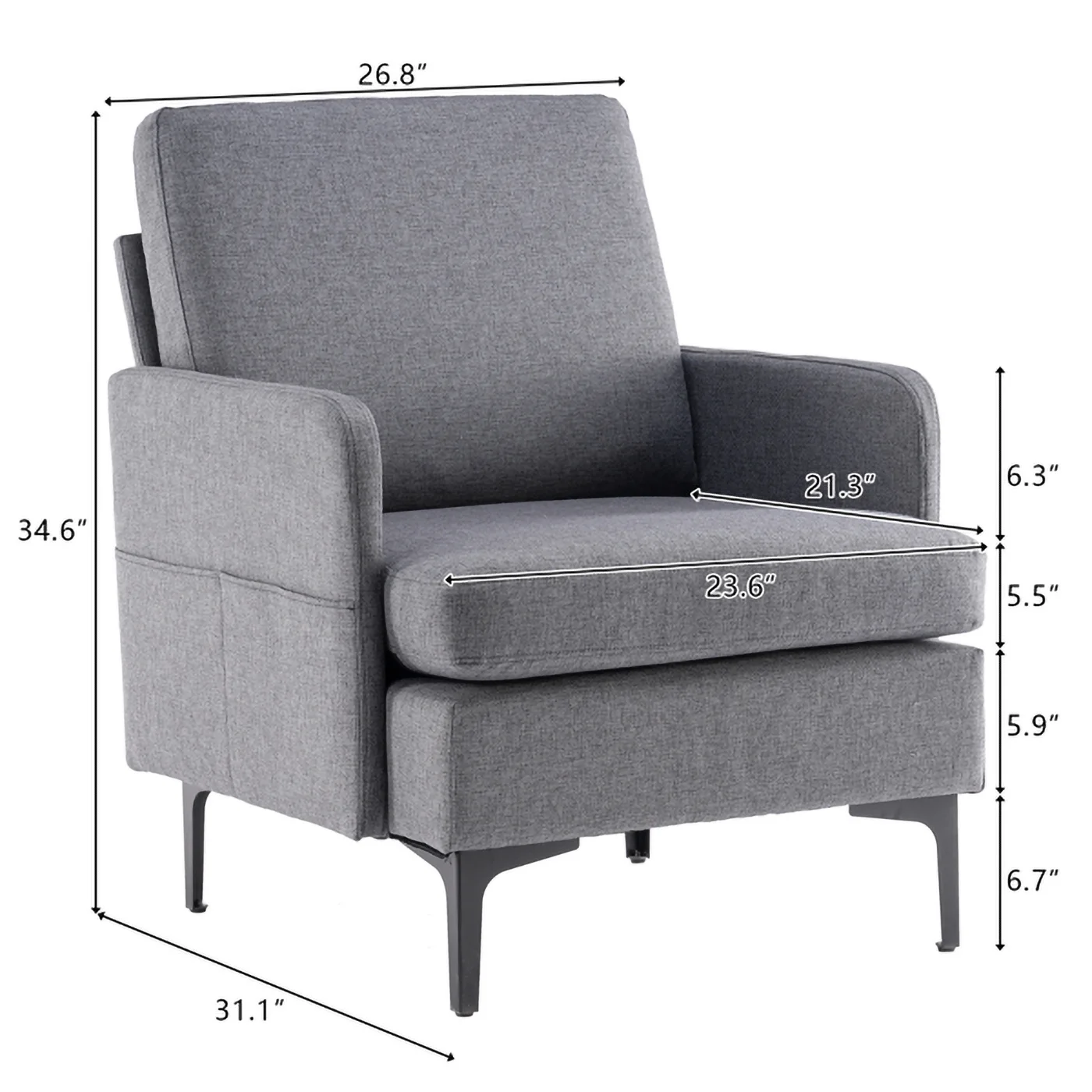 RUseeN Mid-Century Modern Fabric Club Chair, Lounge Chair, Comfy Single Sofa Accent Chair for Bedroom Living Room Guestroom, Dark Grey