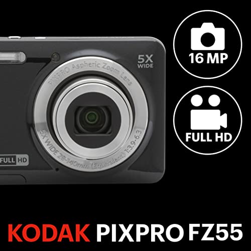 KODAK PIXPRO FZ55-BL 16MP Digital Camera 5X Optical Zoom 28mm Wide Angle 1080P Full HD Video Li-Ion Battery 2.7" LCD Vlogging Camera (Blue)