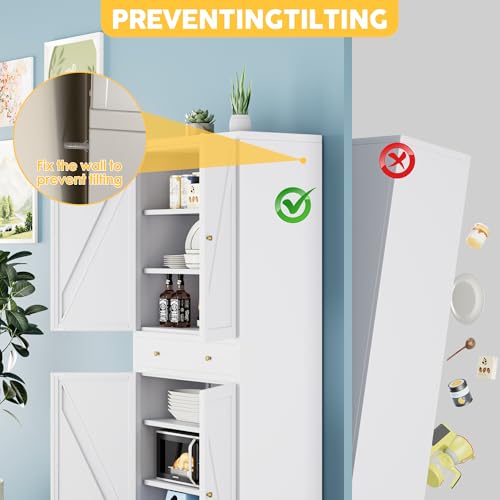Tall Kitchen Pantry Cabinet, Metal Display Storage Cabinets with 4 Doors/2 Drawers for Kitchen Home Office Living Room, Assembly Required