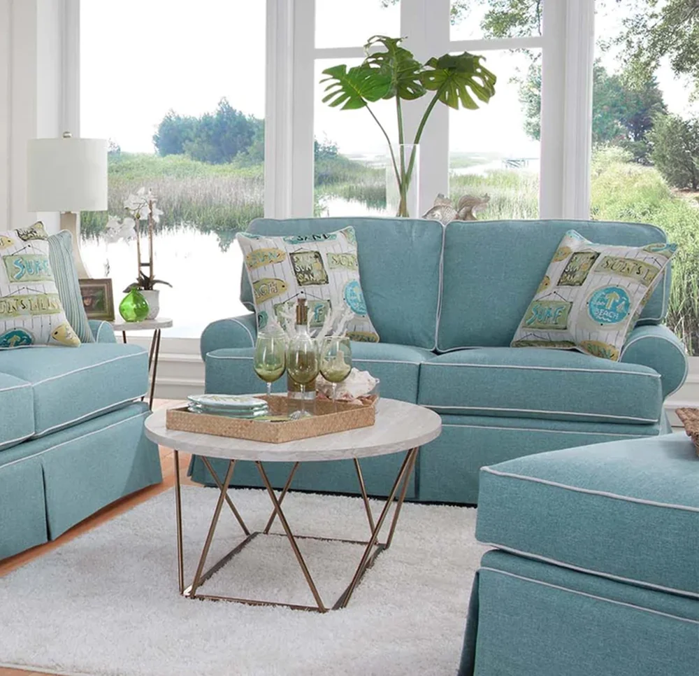 American Furniture Classics Model 8-020-S275A Coastal Aqua Series Loveseat with Four Accent Pillows