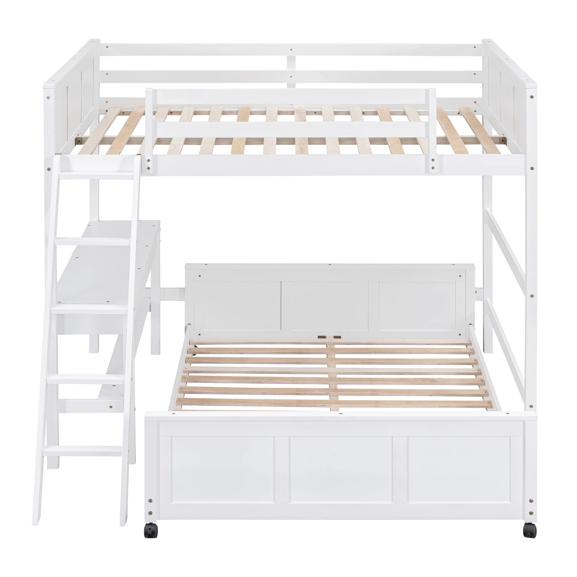 Full Over Full Bunk Bed with Desk, White
