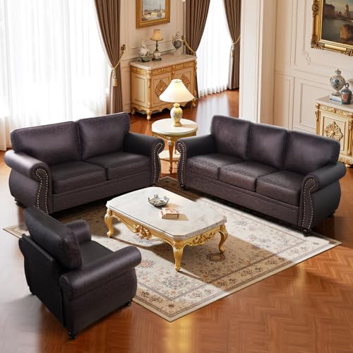 Mid-Century Vintage Sofa Couches with Rivet Design,3-Seater Sofa,Removable Sofa Cover Upholstered Cushions and Solid Wood Frame (Brown, 3-Seater)