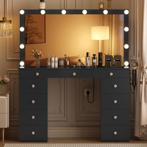 Likein Vanity Desk with Mirror and Lights, White Vanity with Jewelry Storage Cabinet, Makeup Dressing Table with 11 Drawers, Charging Station