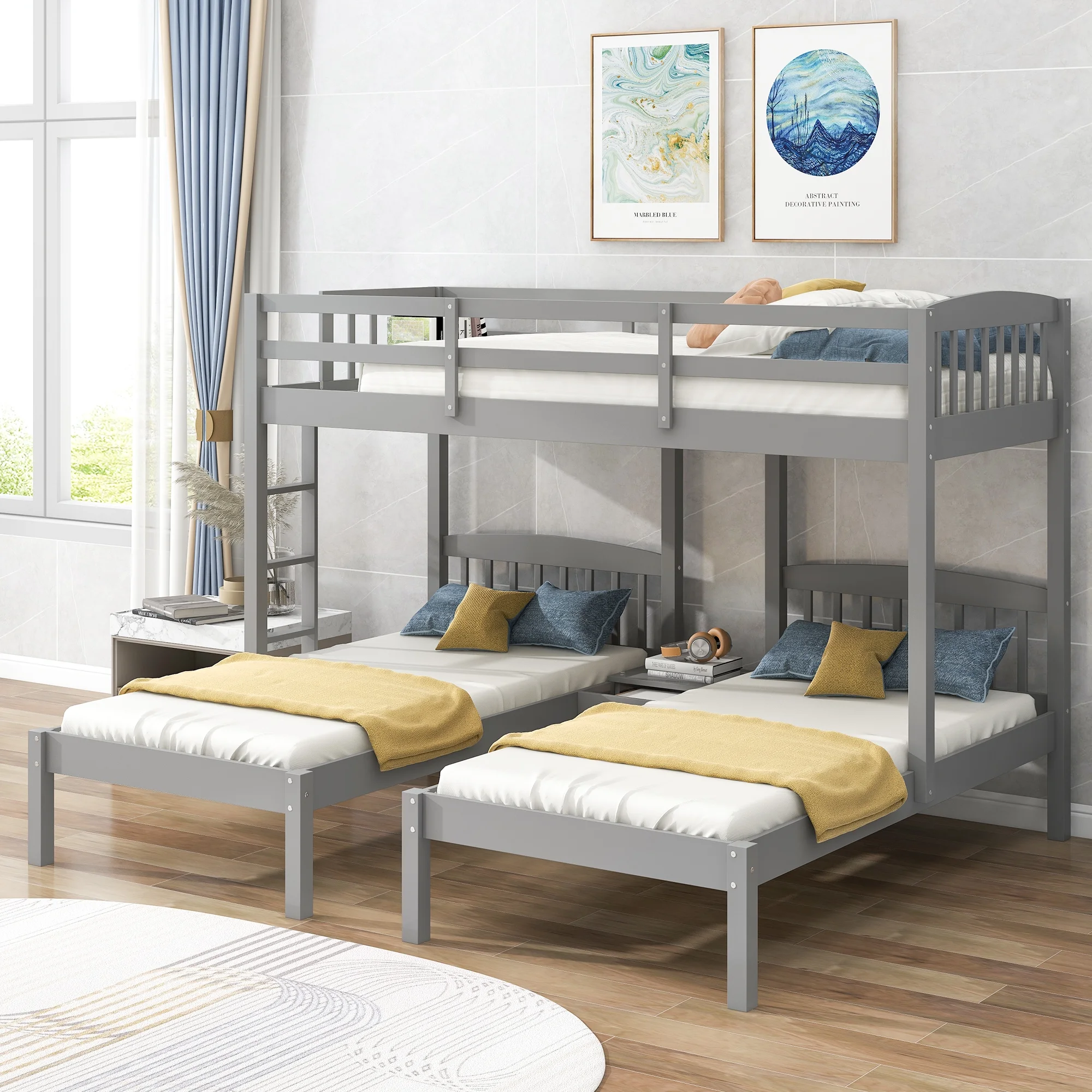 Churanty Triple Bunk Beds 3 Twin Solid Wood Bunk Beds with Guardrail and Ladder