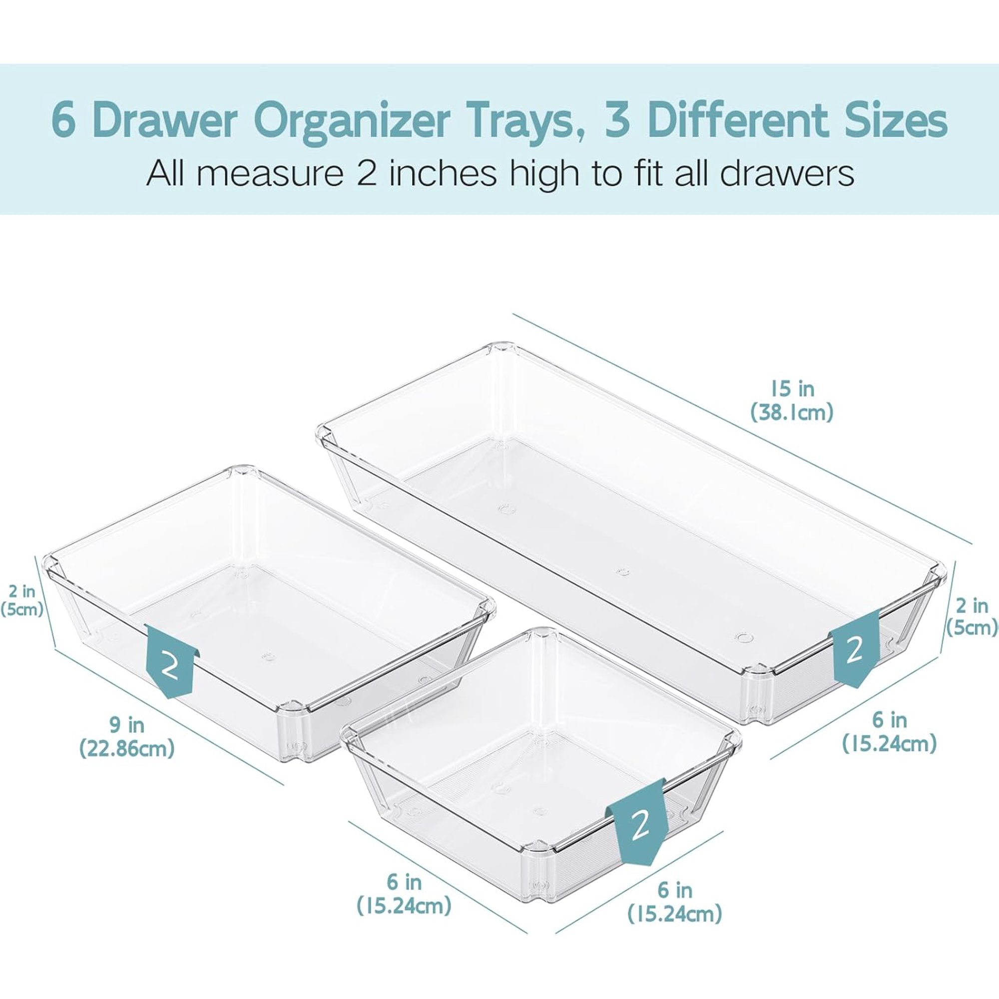 6 Pack Large Clear Plastic Drawer Organizer Trays, Desk Drawer Organizers and Storage Dividers, Non-Slip Storage Bins for Jewelry, Snacks, Office