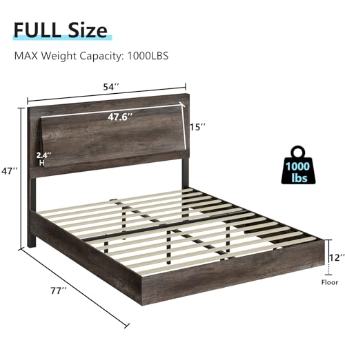Full Size Floating Bed Frame, Farmhouse Platform Bed Frame with Headboard and LED Light/No Box Spring Needed/Noise Free/Easy Assembly, Rustic Grey