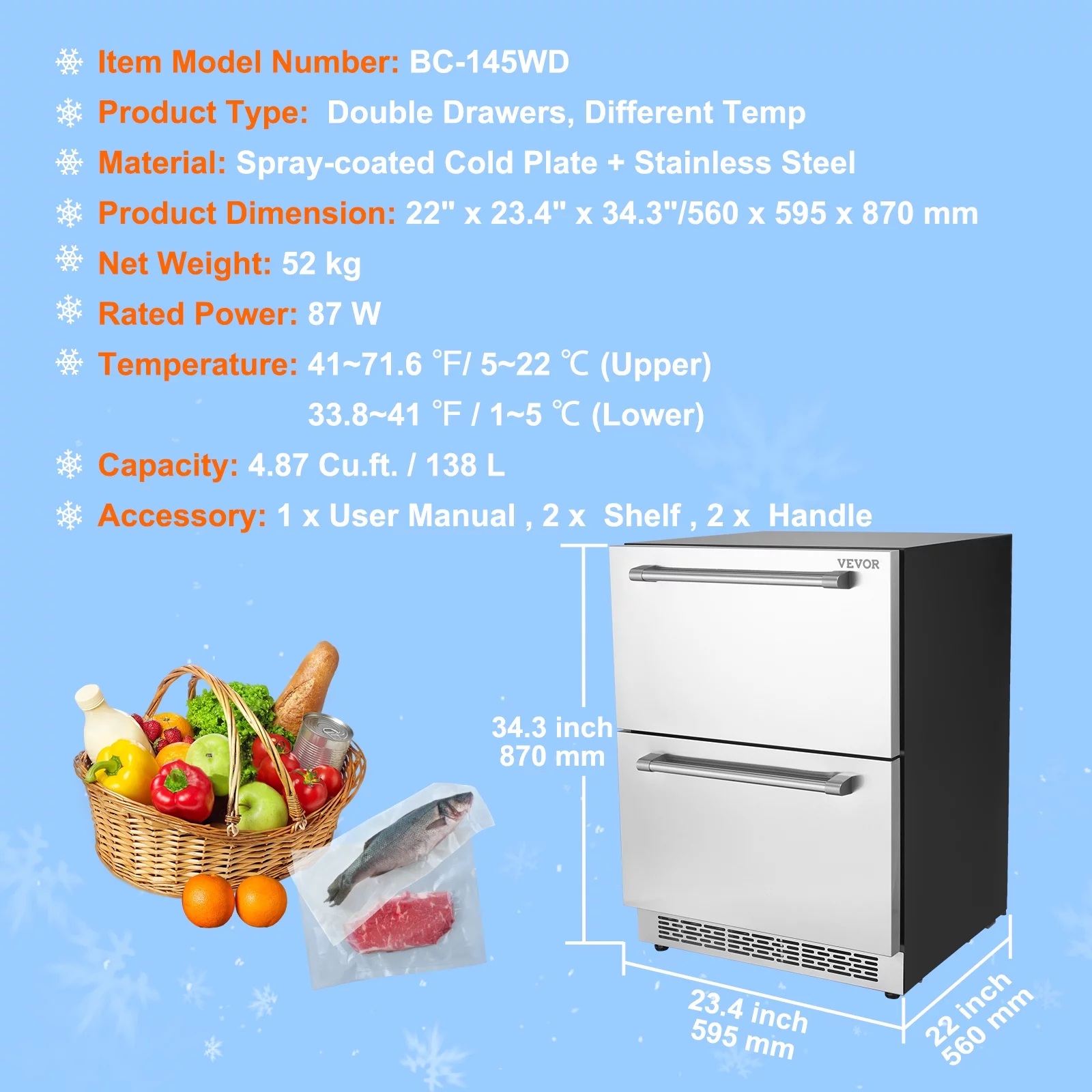 BENTISM Undercounter Refrigerator 24" Built-in 2 Drawer Refrigerator Fridge SUS Undercounter Freestanding Stainless Steel Door Beverage Refrigerator