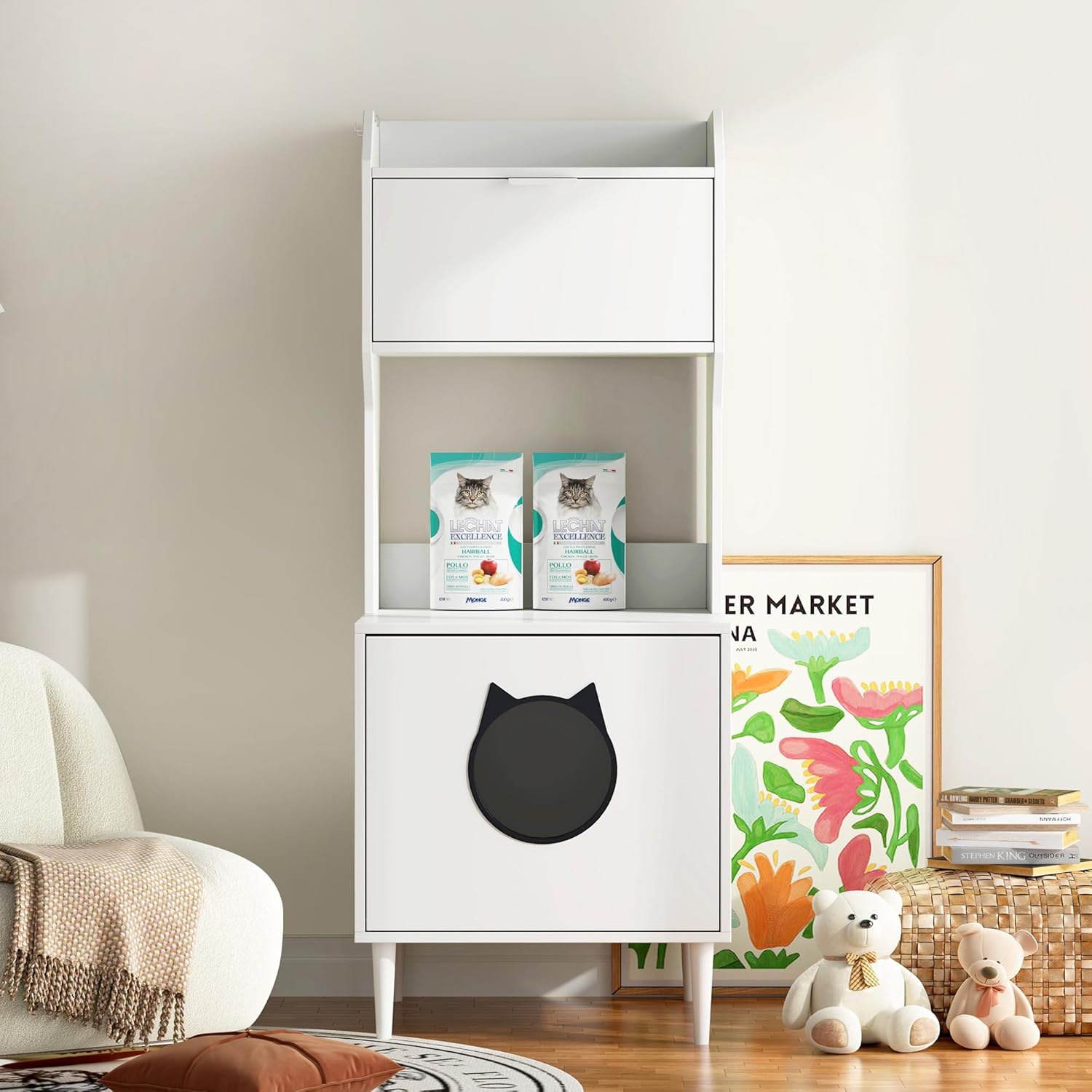 Litter Box Enclosure with Storage Shelves and Cabinet, White Wooden Hidden Cat Litter Box Furniture Industrial Indoor Cat House Washroom Pet Crate