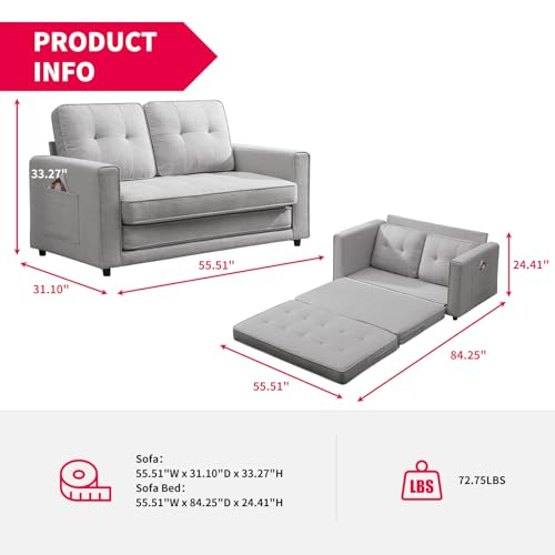 MUZZ Pull Out Couch, 55" W Upholstered Loveseat, Futon Sleeper Couch with 2 Side Pockets, Gaming Floor Couch Bed for Living Room, Bedroom