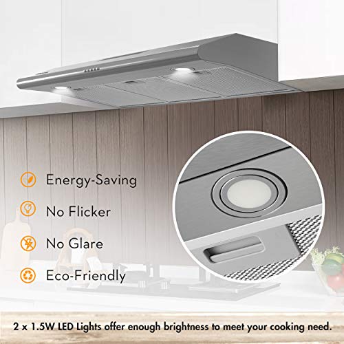 FIREGAS Under Cabinet Range Hood with Ducted/Ductless Convertible, Slim Kitchen Over Stove Vent, LED Light, 3 Speed Exhaust Fan