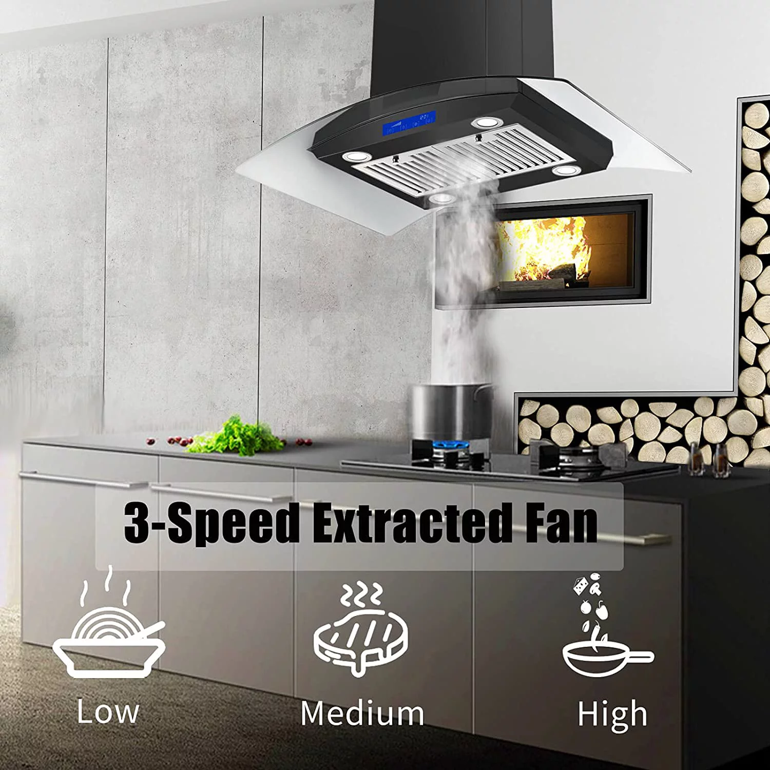 Tieasy Range Hood 36 inch Island Mount Range Hood 900 CFM Kitchen Digital Panel 3-Speed