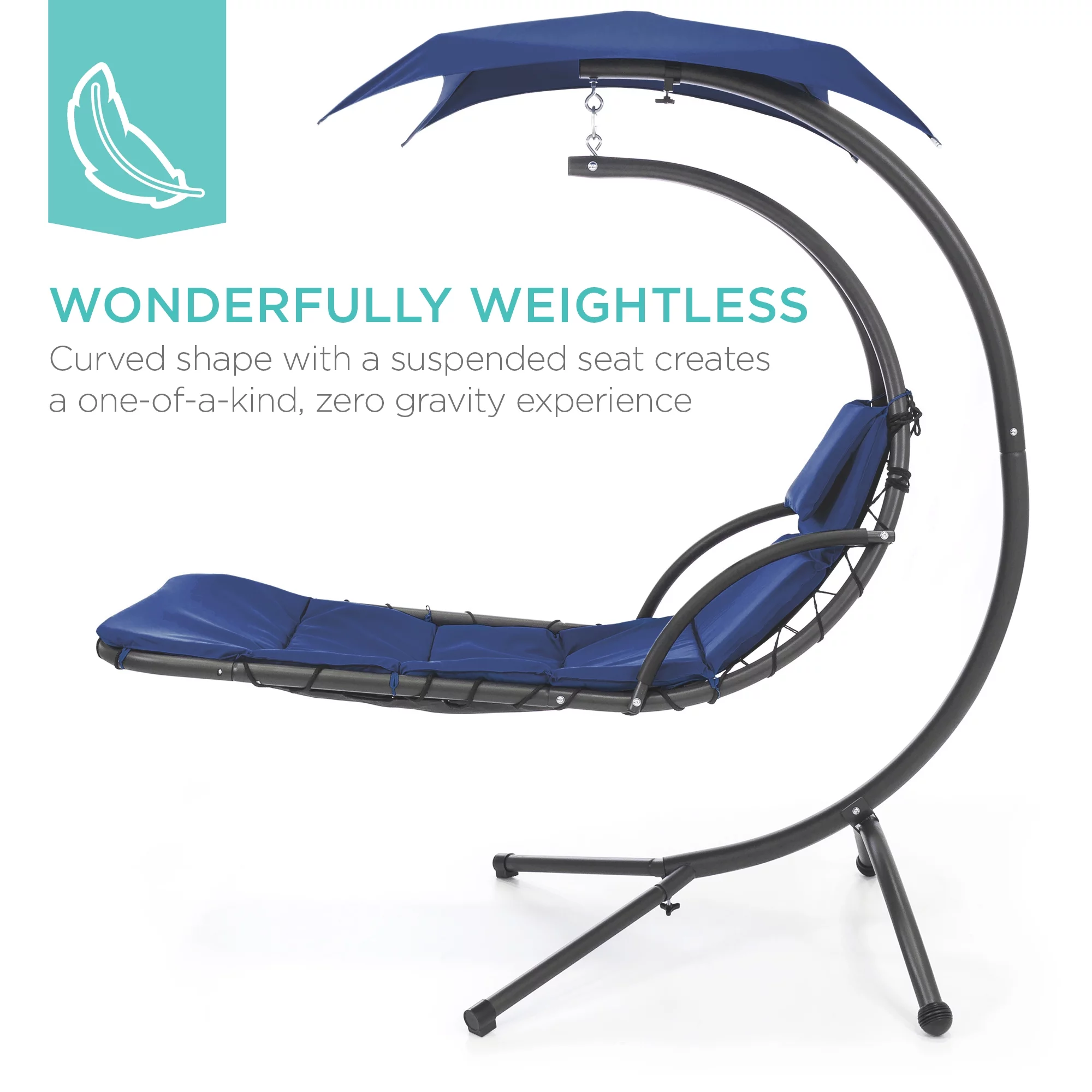 Best Choice Products Hanging Curved Chaise Lounge Chair Swing for Backyard, Patio w/ Pillow, Shade, Stand - Navy Blue - Radiant Selections