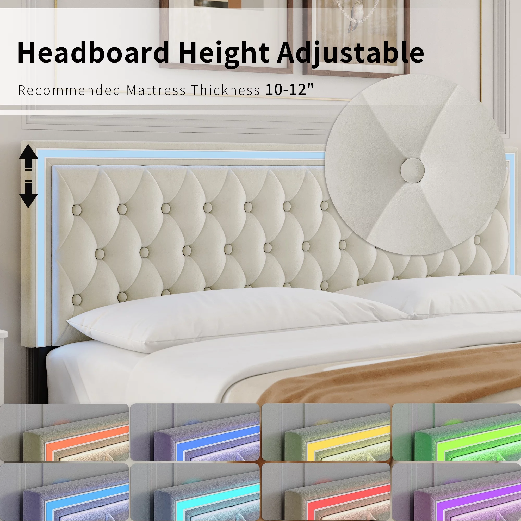Homfa King LED Bed, 9 Colors LED Lights Platform Bed Frame with 4 Storage Drawers, Adjustable Upholstered Headboard with Button Tufted, Velvet Beige