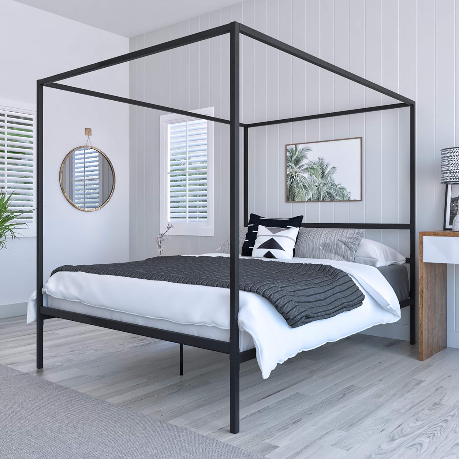 DG Casa Charles 4 Corner Post Canopy Platform Bed Frame and Full Wooden Slats, Box Spring Not Required - Queen Size in White Metal