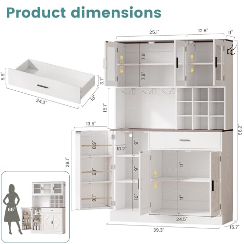 ANCTOR Kitchen Hutch Cabinet with Storage Tall Pantry Storage Cabinet with Glass Doors, Power Outlet, Microwave Stand, Adjustable Shelves, Drawer