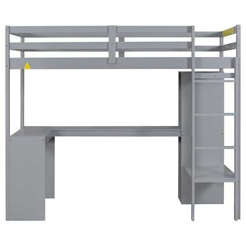 SOFTSEA Full Size Loft Bed with Desk & Wardrobe, Wood Loft Bunk Bed with Storage Shelves and Cabinets