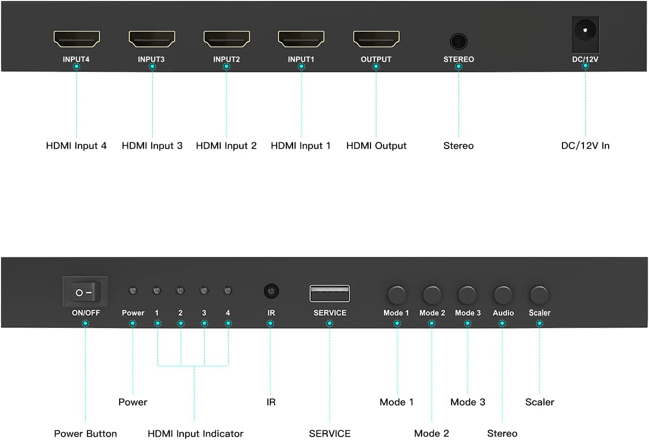 HDMI Multiviewer Switch 4x1,PORTTA HDMI Quad Multi-Viewer Seamless Switcher 4 in 1 Out with Loop, Audio Extractor to Stereo,4K