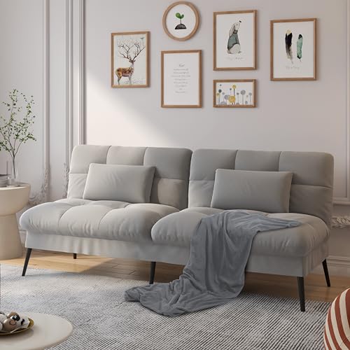 COMHOMA Convertible Futon Sofa Bed, 68″Fabric Futon Couch with Adjustable Backrest, Folding Futon Sleeper Recliner for Living Room Furniture (Black)