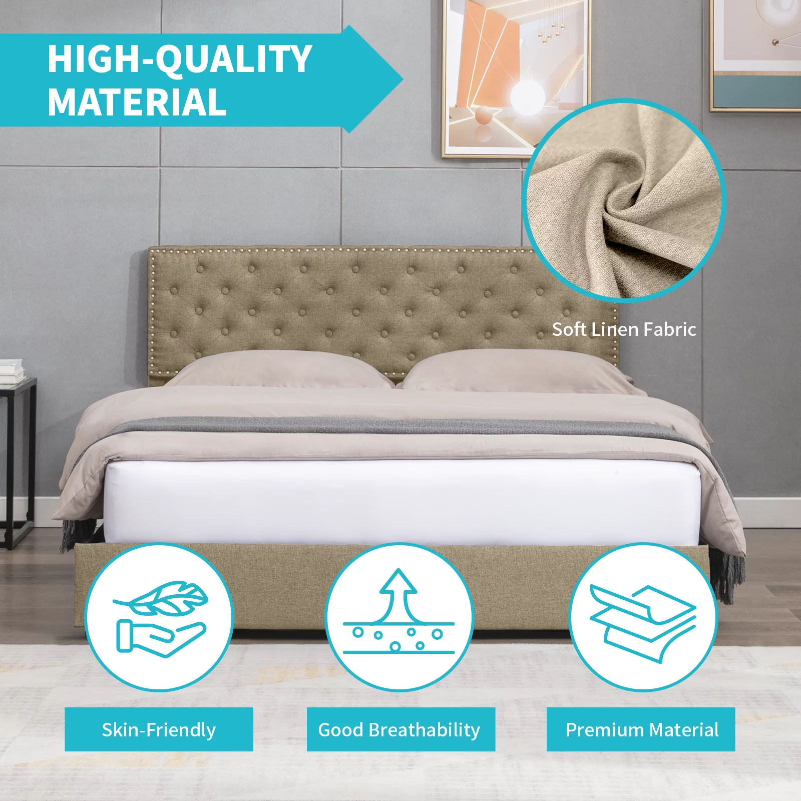 MUZZ Platform Bed Frame with 4 Large Storage Drawers, King Size Bed Frame with Adjustable Tufted Headboard, No Box Spring Needed, Wood Slats Support