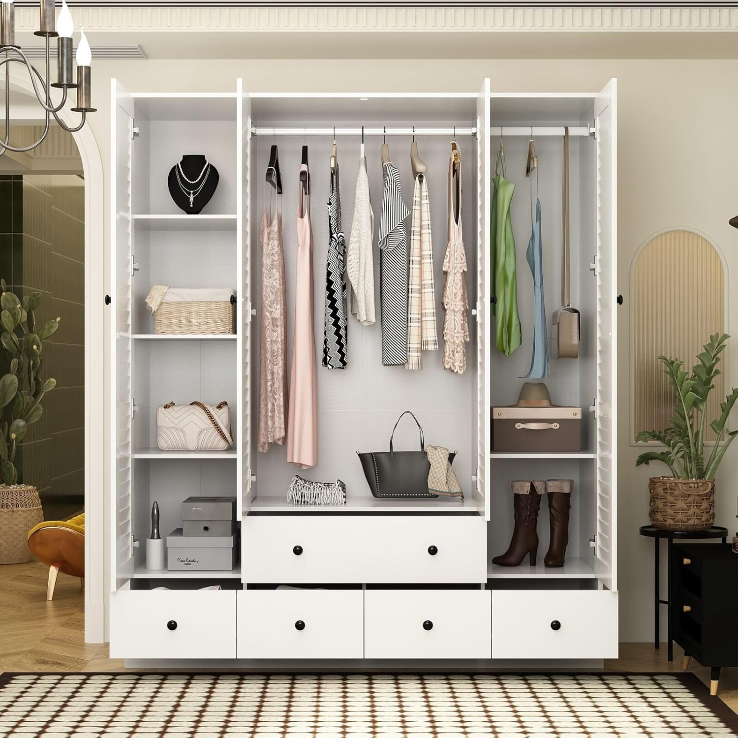 Rustic White Large Capacity Slat Door Wardrobe Closet with 5 Drawers and 4 Doors Roomy Storage, E355142988740
