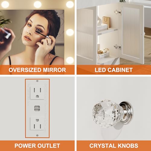 Vanity Desk with Large Mirror and Lights, Glass Top Makeup Vanity with Lights & Power Outlet for Bedroom, 3 Color Lighting Modes