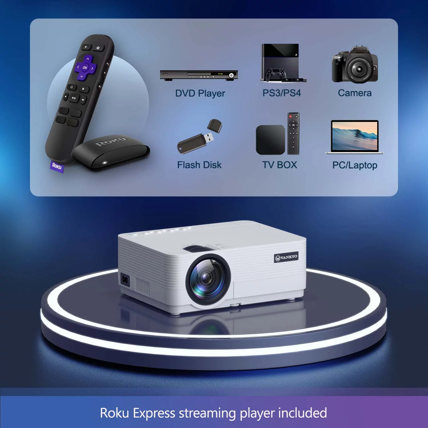 VANKYO Leisure 470 HD Mini Projector with Roku Express Streaming Player, 50000 Hrs LED Life, 240'' Display Screen for Home Theater & Outdoor Movies