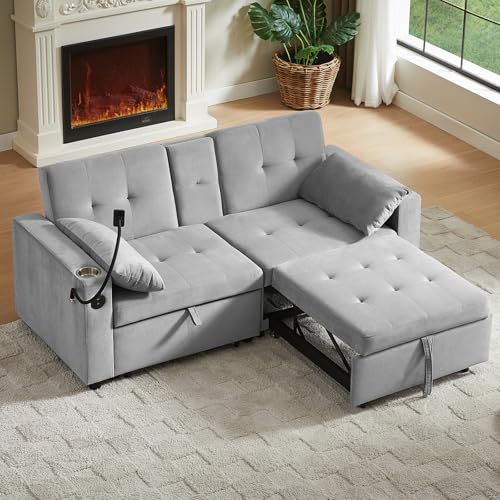 68.11" Corduroy Sleeper Chair Bed with USB Port, Cup Holders & Side Storage Pockets – 3-in-1 Foldable Sofa Bed for Guest Room, Living Room – White