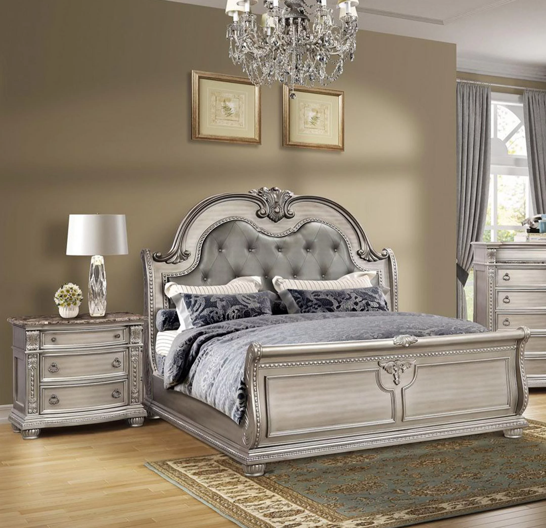 Antique Platinum Button Tufted Sleigh Queen Bed B9506 Mcferran Traditional