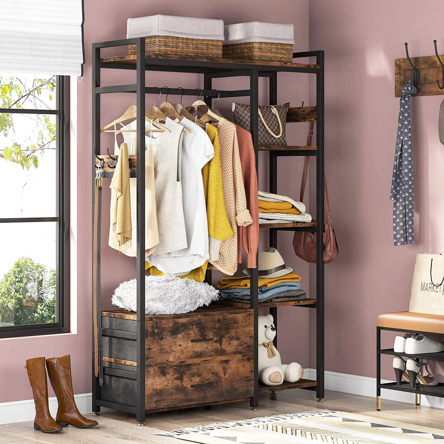 Tribesigns Freestanding Closet Organizer, Clothes Rack with Drawers and Shelves