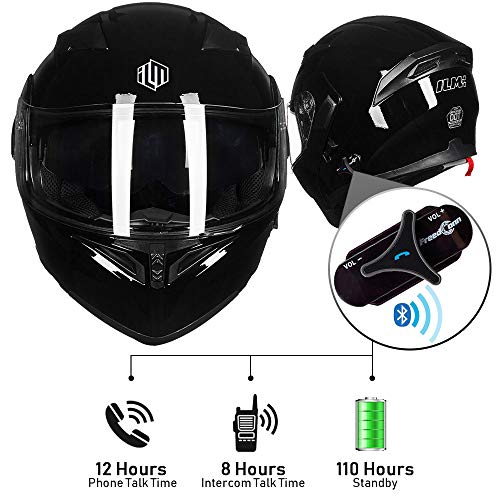 ILM Bluetooth Motorcycle Helmet Modular Flip up Full Face Dual Visor Mp3 Intercom FM Radio DOT Model 902BT(Matte Black, Large)