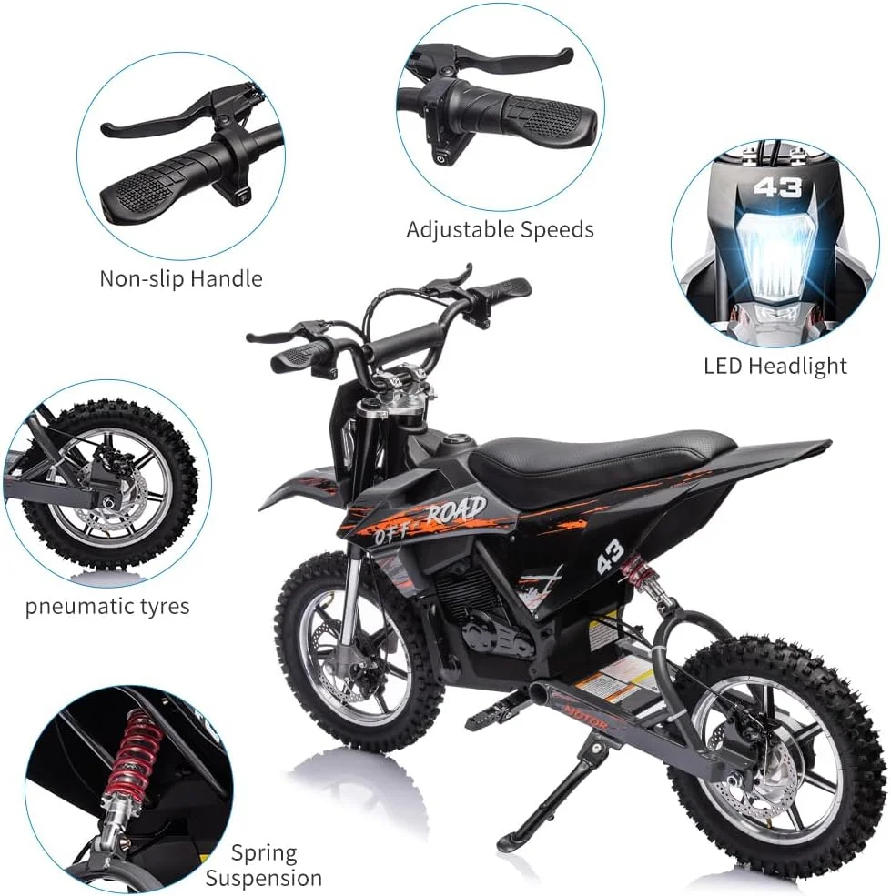 36V Electric Dirt Bike for Kids, Ride on Motorcycle 350W Brushless Motor Variable Speed to 15.5MPH with LED Headlight, Leather Seat