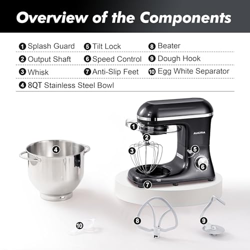 Aucma Stand Mixer,6.5-QT 660W 6-Speed Tilt-Head Food Mixer, Kitchen Electric Mixer with Dough Hook, Wire Whip & Beater (6.5QT, Black)