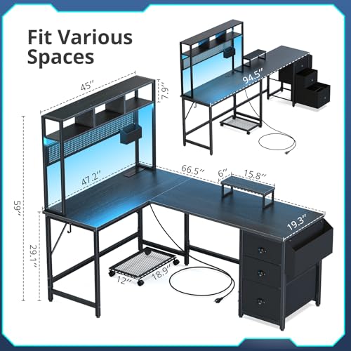 DOMICON L Shaped Gaming Desk 94.5" Computer Desk with Pegboard & Shelves & Drawers