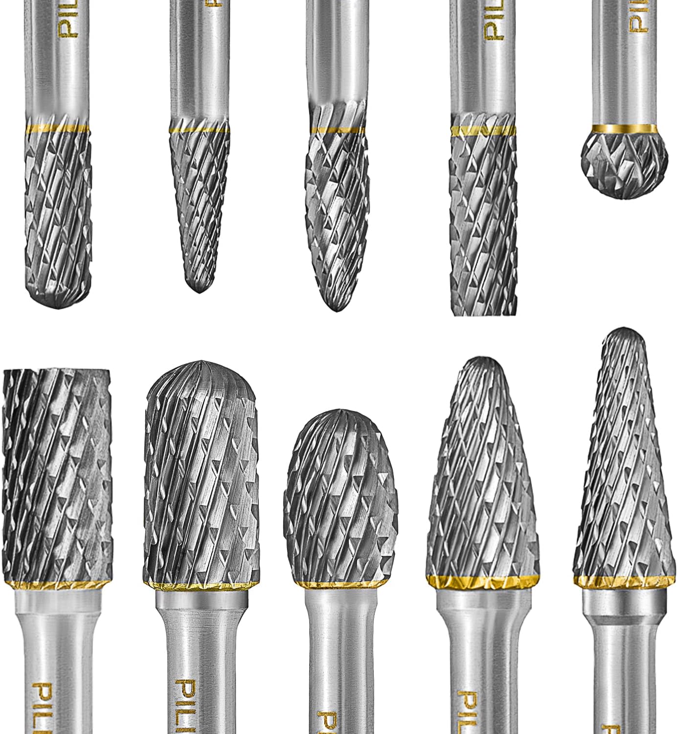 Tungsten Carbide Burr Set 1/4" Shank 10PC Double Cut Rotary Cutting Burrs Die Grinder Bits for Steel and Wood Working, Grinding, Carving