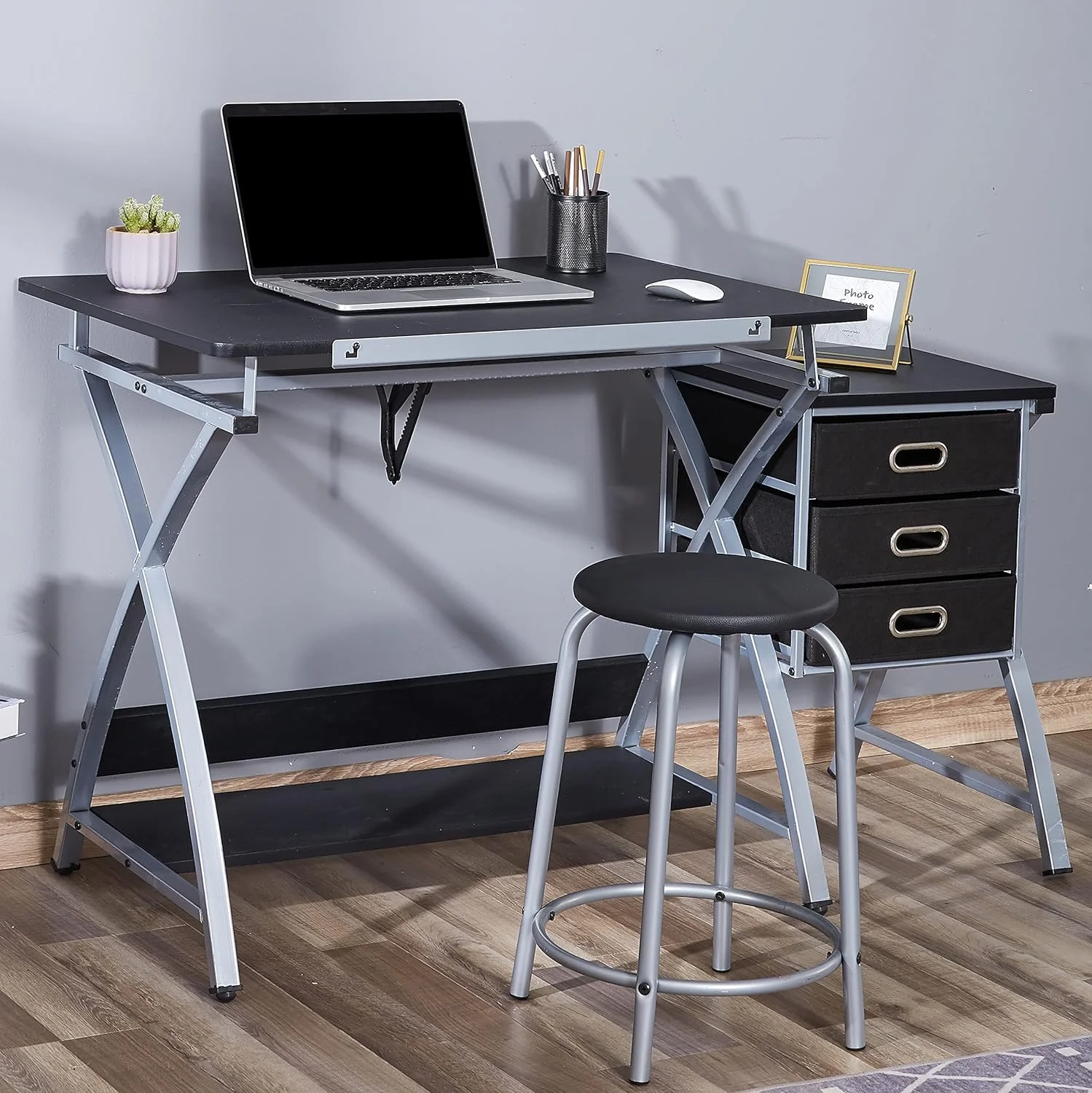 Adjustable Drafting Table For Artists With Stool, Sturdy X-Cross Metal Frame Drawing Table With Storage Drawers, Art Desk With Tilted