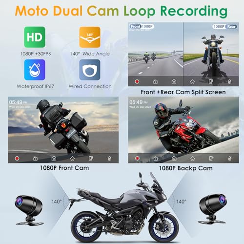 Carpuride W712D Motorcycle Carplay Screen with HD 1080 Dual Dash Cam, Wireless Car Play and Android Auto