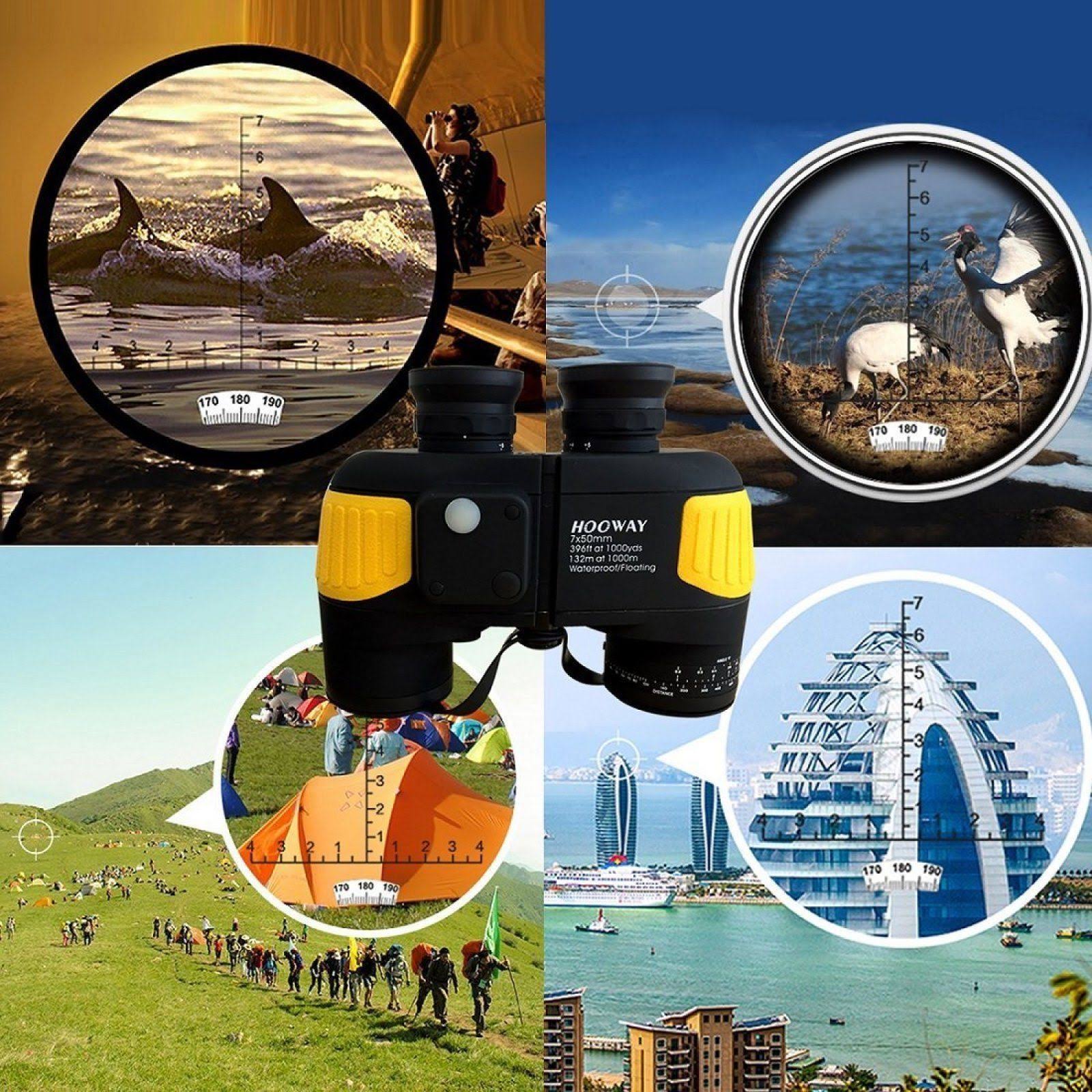 Hooway 7x50 Waterproof Fogproof Military Marine Binoculars w/ Internal Rangefinder u0026 Compass for