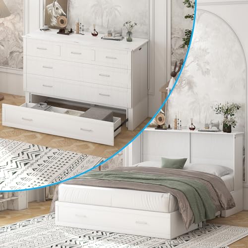 Mjkone Queen Size Cabinet Murphy Bed with Tri-Fold Mattress, Modern Multipurpose Wall Cabinet Chest Bed