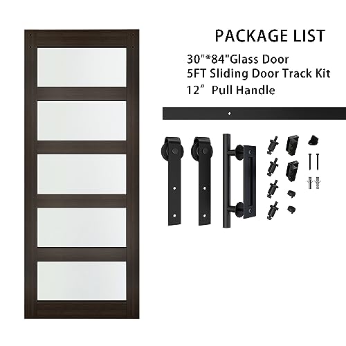 BARNSMITH 42in x 84in Glass Barn Door with 7FT Sliding Door Hardware Kit Included & Handle