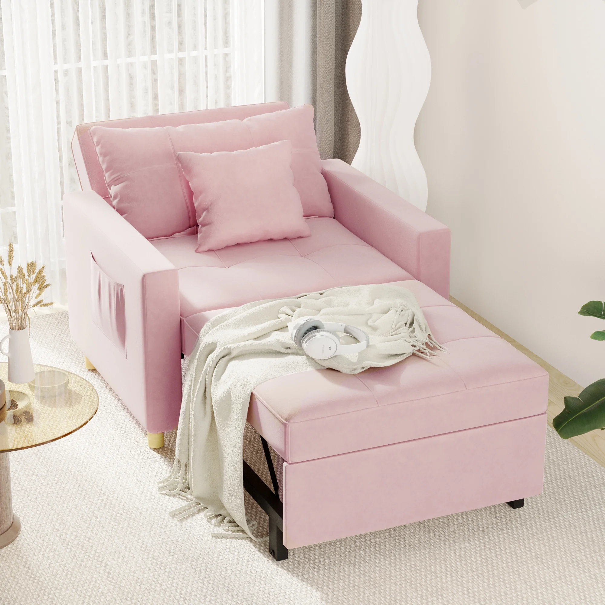 YODOLLA 40 Inch Sleeper Chair Bed 3-in-1 Convertible Futon Chair Multi-Functional Sofa Bed Adjustable Reading Chair, Sofa, Bed