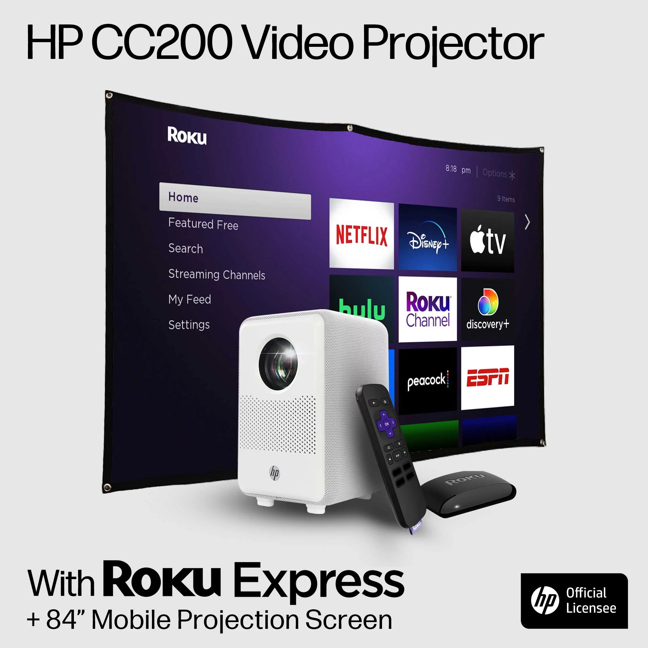 HP CC200 FHD LCD LED Projector with Roku Express Streaming Player and 84 Mobile Projection Screen